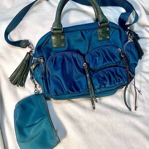 MZ Wallace Teal Blue Nylon Shoulder Bag with Green Trim and Tassel